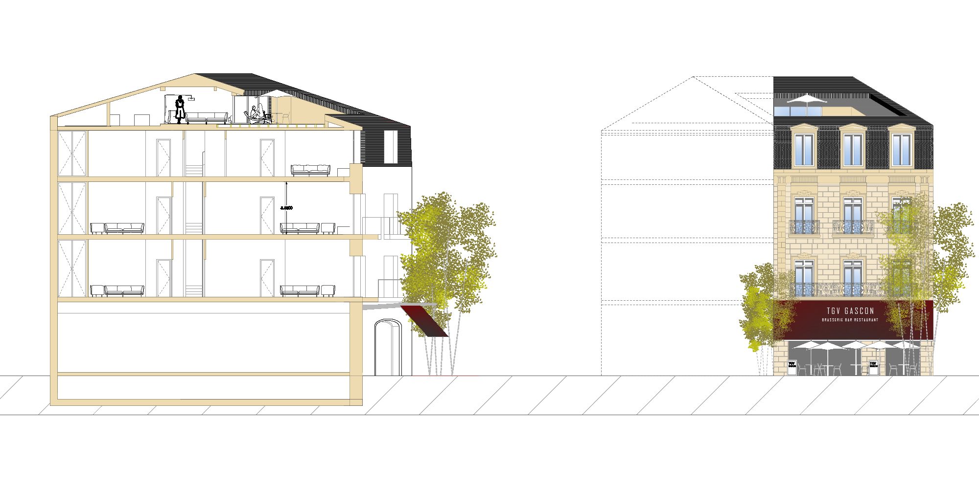 Coupe et façade — Réhabilitation d'un immeuble Le Gascon